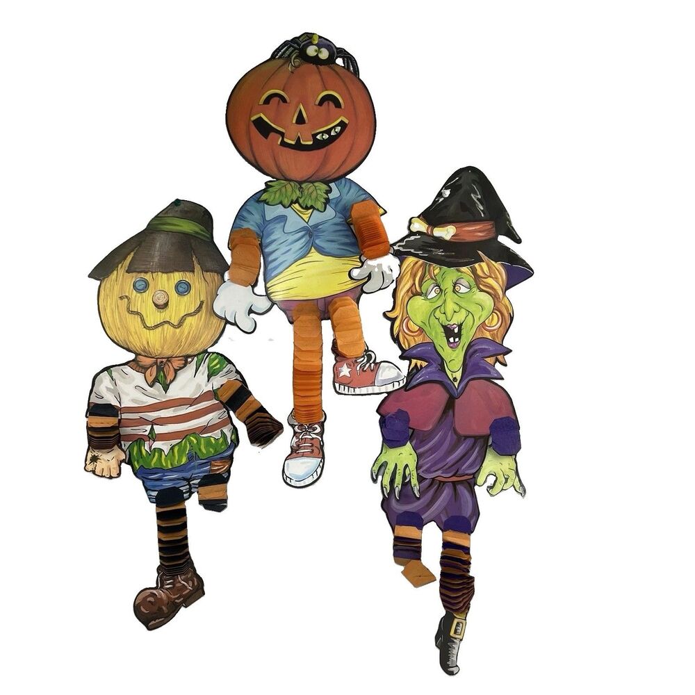 Vtg Beistle Die Cuts 3 Halloween Decor Action Dancer Witch Scarecrow pumpkin